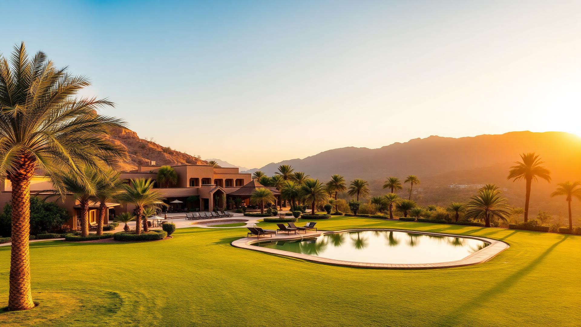 The Westin Sohna Resort & Spa — resort grounds and reflecting pool against the Aravalli hills at golden hour